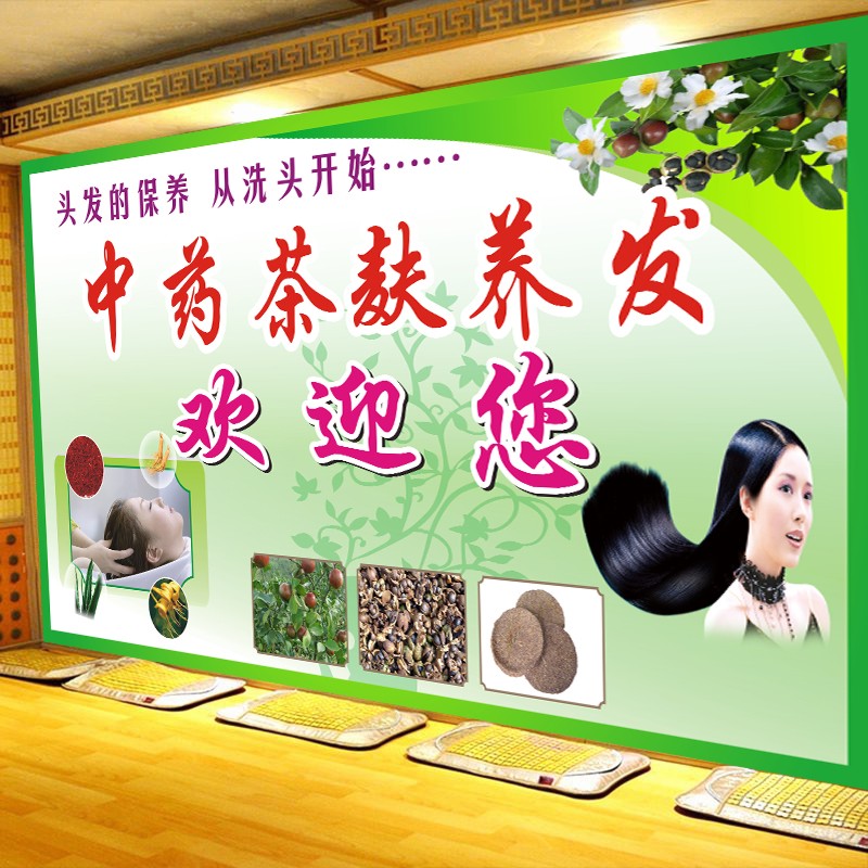 中药茶麸洗头植物护发养发馆装饰画背景海报大尺寸挂图墙贴纸图片