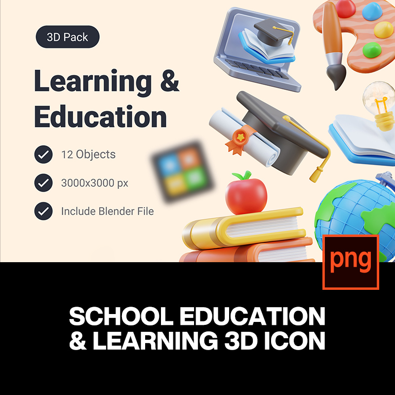 3D立体卡通学校教育学习文具开学季icon图标png免抠插画图片素材