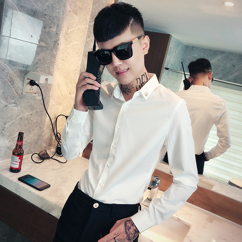 发型师潮XS小码纯色长袖衬衫男155矮个子韩版修身黑白衬衣打底衫