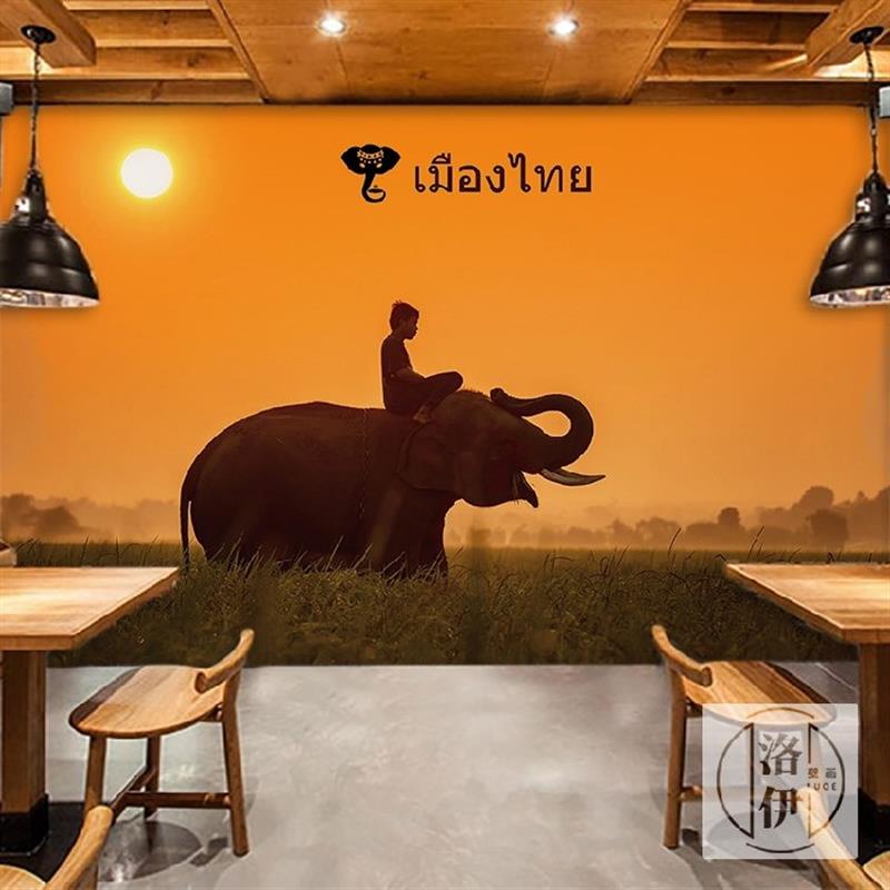 泰国风情大象壁画东南亚印度禅意复古SPA店壁纸采耳馆养生馆墙纸
