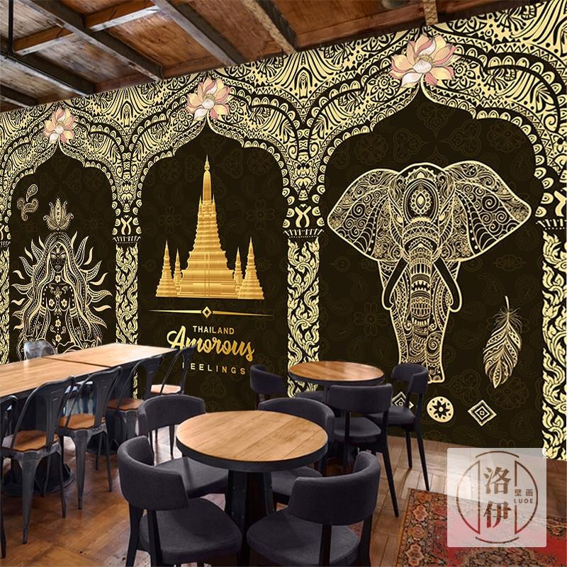 泰式东南亚风格装修壁纸泰国风情大象壁画养生馆背景装饰SPA墙纸