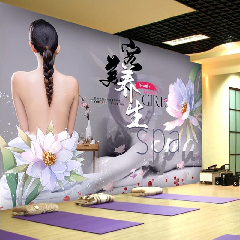 spa理疗馆美容美颜塑身壁纸瑜伽健身房背景墙纸复古养生大型壁画