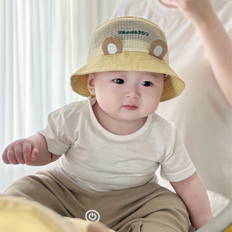 婴儿帽子夏季薄款超萌小熊造型防晒帽小童男孩宝宝透气网眼遮阳帽