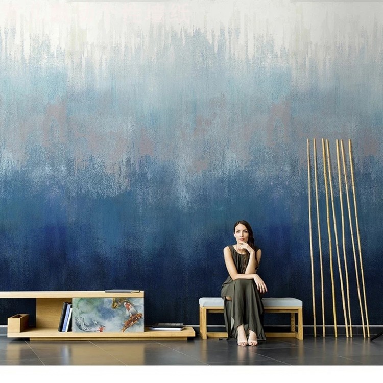 北欧电视背景墙壁纸画蓝色北欧手绘抽象油画涂鸦墙纸壁布无缝墙布