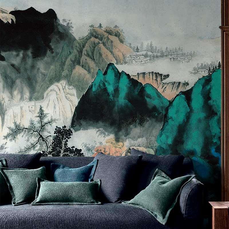 个性定制壁画 中式蓝色上川琦山电视背景墙纸客厅大型壁纸墙画
