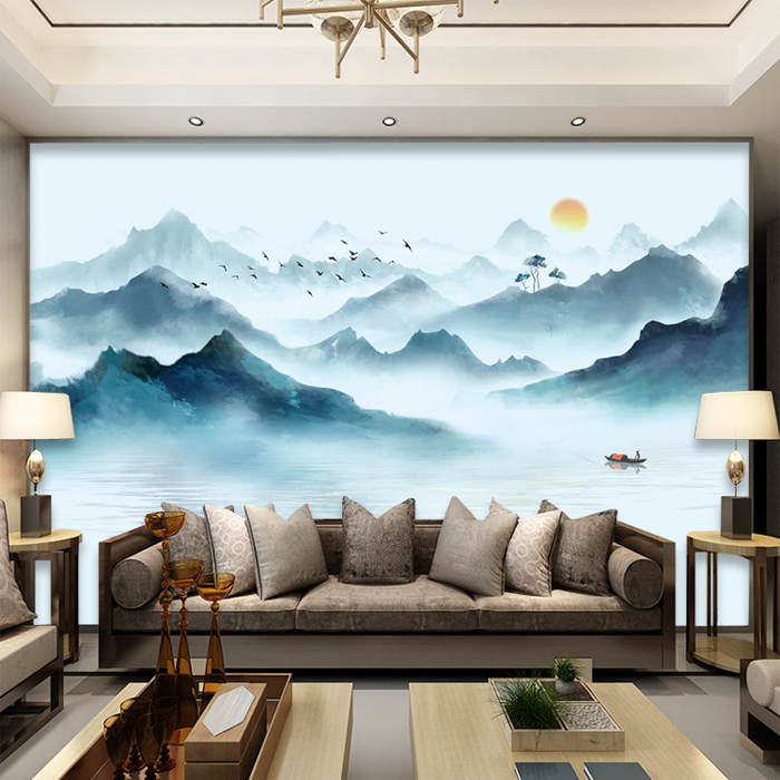新中式蓝色水墨山水墙纸山峰山脉电视背景墙壁纸客厅壁画墙布936