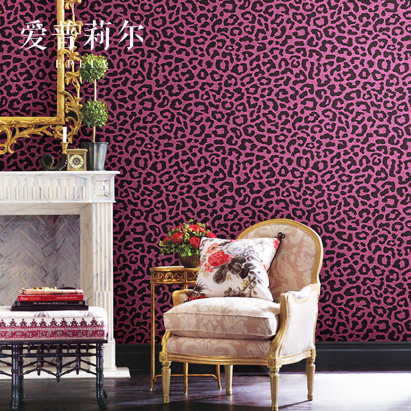 蓝色个性豹纹墙纸粉色紫色法式卧室客厅背景墙壁纸店铺装修非自粘