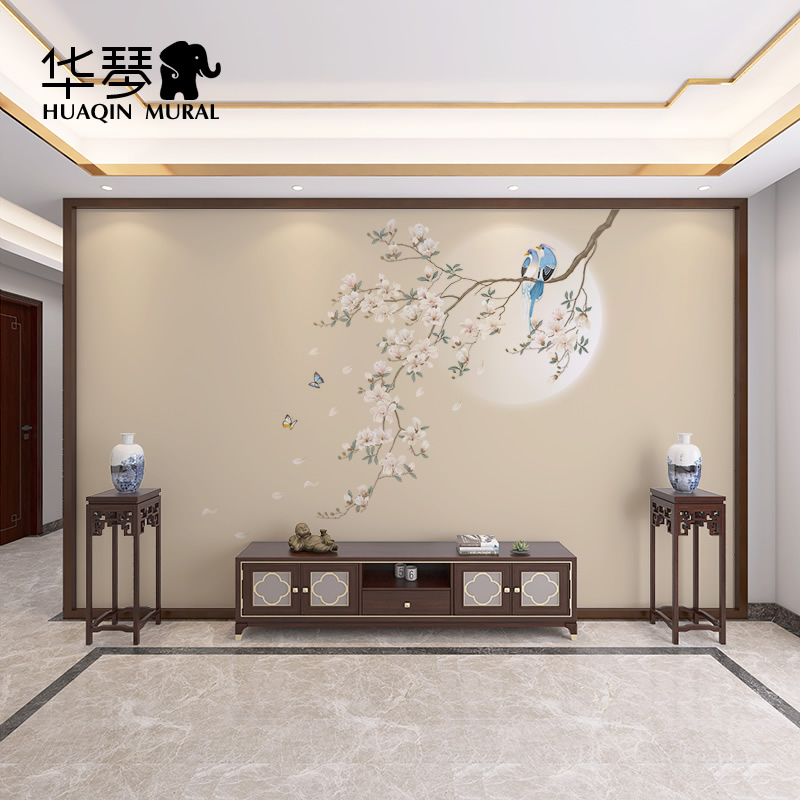 新中式小清新浅蓝色玉兰花鸟客厅沙发墙纸电视背景墙壁纸美式壁画