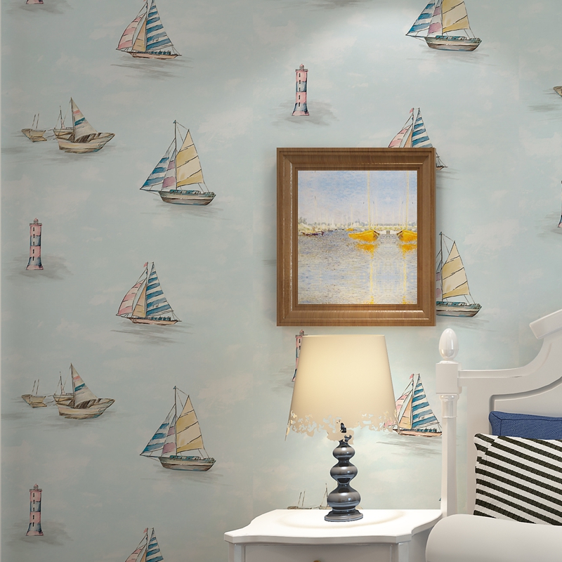 浅蓝色3D帆船儿童墙纸 卧室酒店主题背景墙 清新简约卡通浮雕壁纸