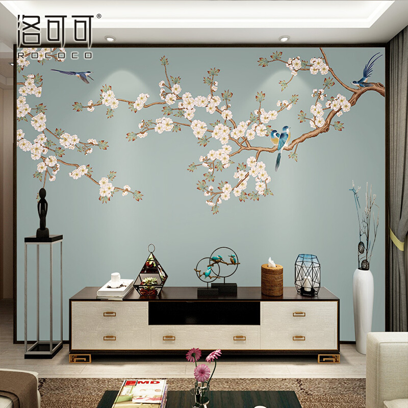 新中式壁纸清新蓝色花鸟壁画电视客厅卧室背景墙沙发影视墙墙布