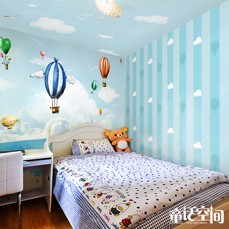 儿童房墙纸卧室无纺布壁纸简约现代蓝色条纹满铺小清新天空热气球