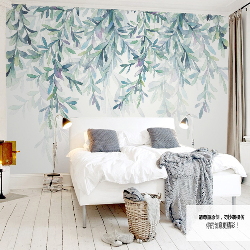 北欧清新文艺绿色叶子电视背景墙纸水彩蓝色风格壁纸卧室客厅壁画