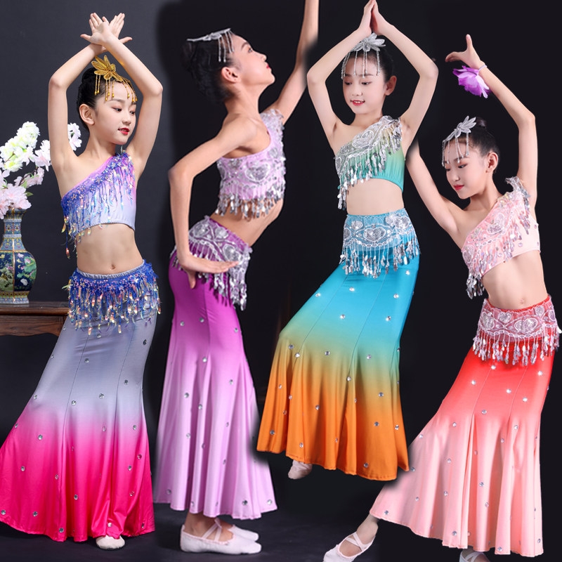 儿童傣族舞蹈演出服考级傣家姑娘女童孔雀舞服民族表演舞服雨竹林