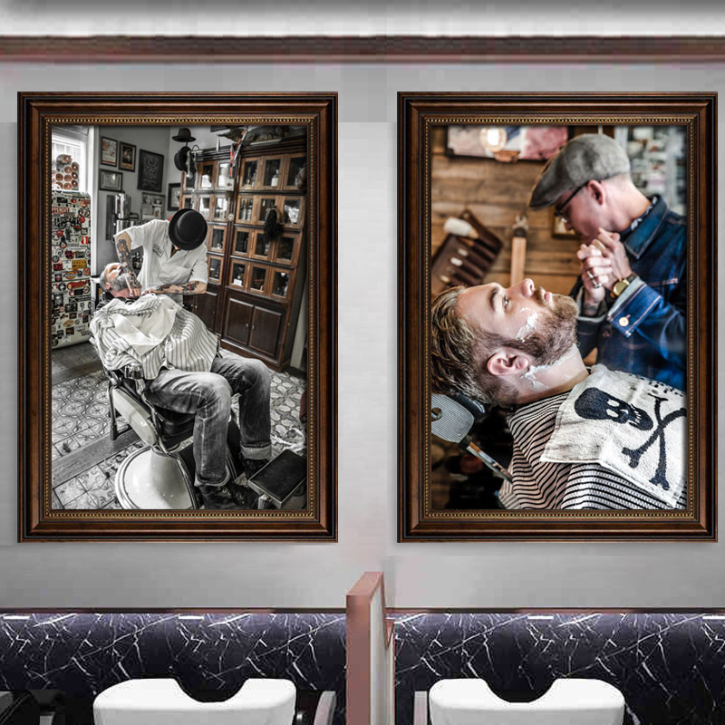 复古男士油头理发店背景装饰画发型发廊挂画美发图片海报理发壁画