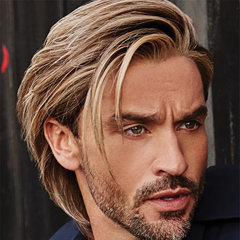 跨境假发 欧洲男人发型玫瑰网偏分短发翻翘短直发金棕色头发套wig