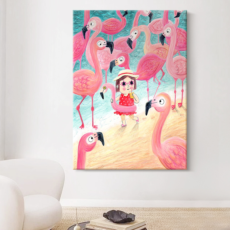 火烈鸟儿童房创意玄关挂画趣味粉色客厅手绘油画抽象客厅装饰壁画
