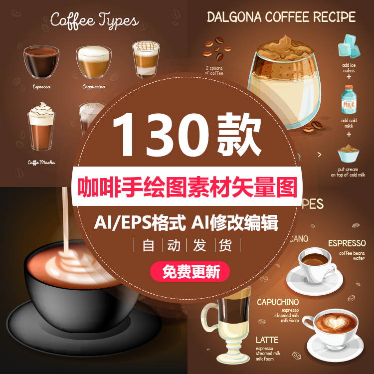 咖啡店图片宣传单价格图案拿铁手摇冲泡图标手绘价目AI设计素材