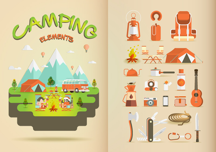 卡通野营元素AI矢量图案 探险野外露营 宿营图标图片 设计素材
