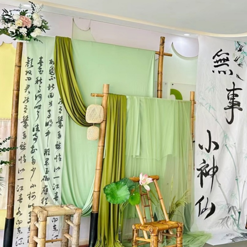 新中式国风古风户外场景布置背景布绿色纱幔学校环创书法诗词布料