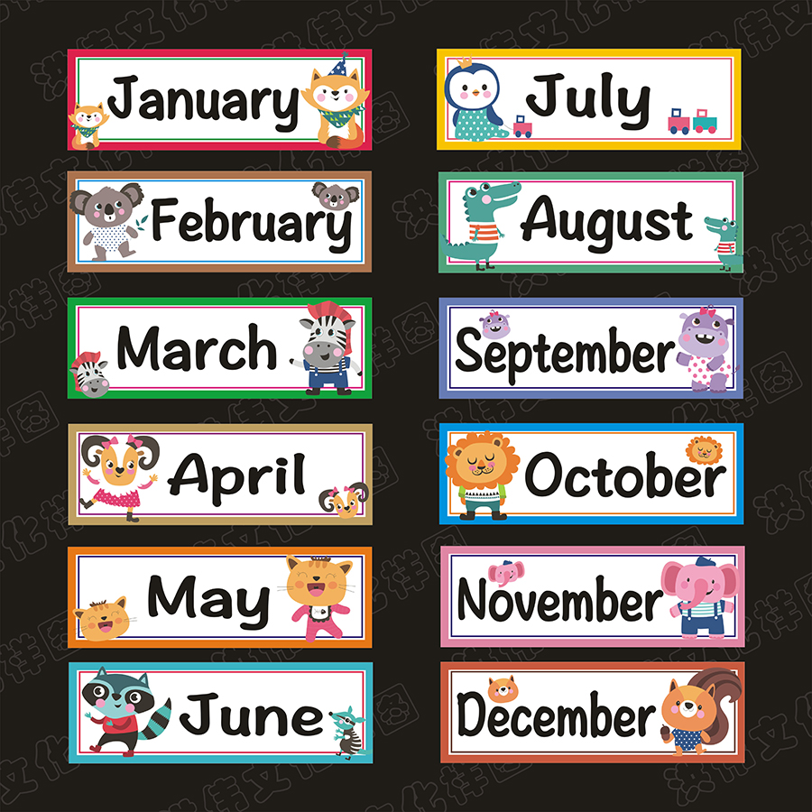 卡通英语单词墙贴星期天气月份数字生肖颜色幼儿认识英语单词贴纸