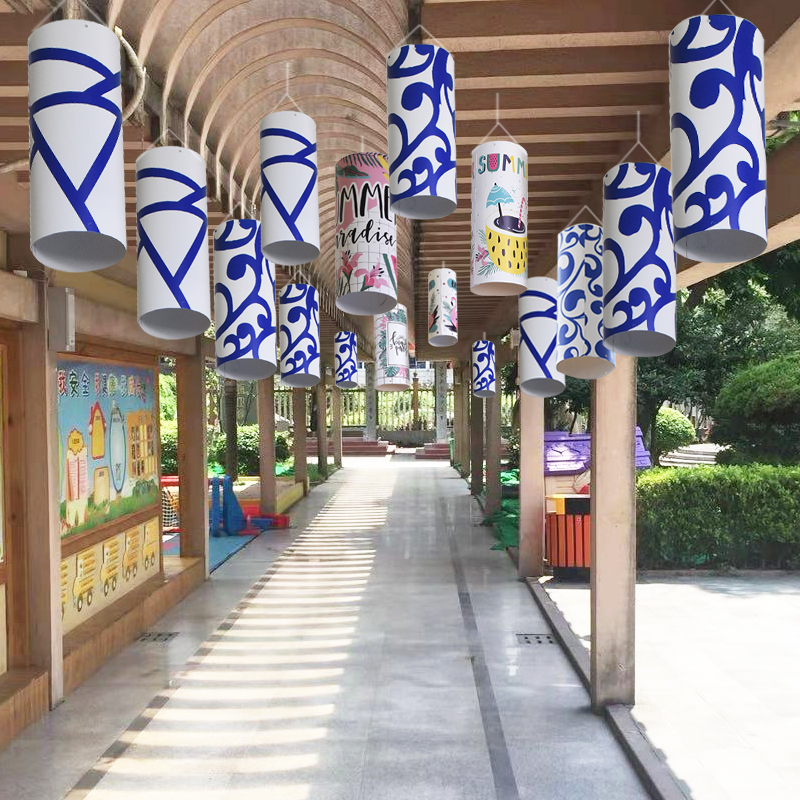 立体彩色卡通纸筒吊饰青花图案中国风特色 幼儿园空中环创吊饰