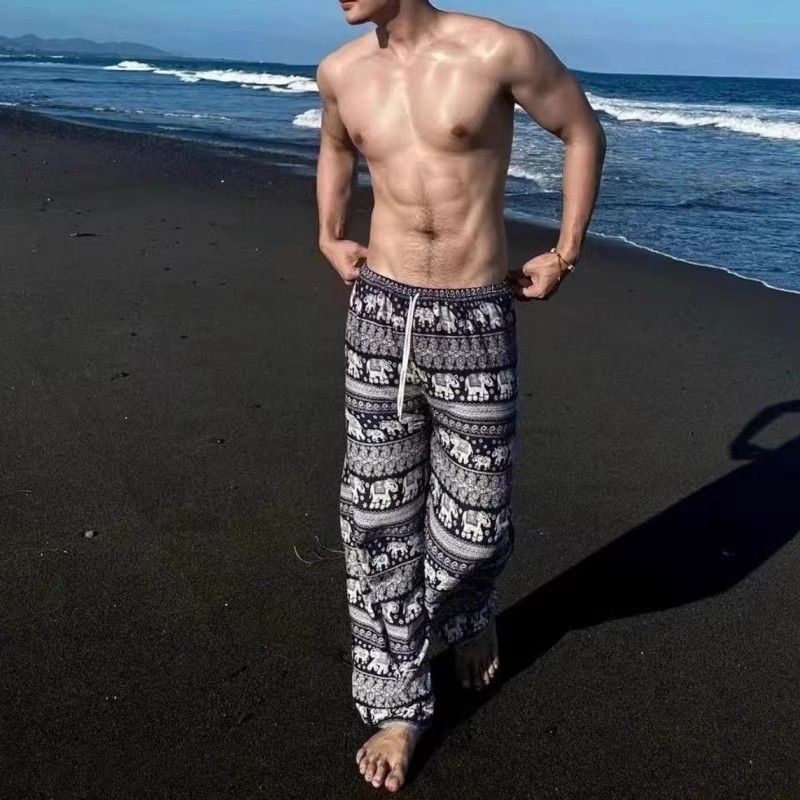 男生泰国瑜伽灯笼裤夏季宽松透气人造棉绸阔腿大象印花运动沙滩裤