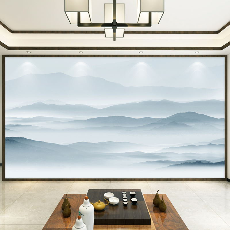 摄影背景墙布客厅电视墙纸新中式意境山水蓝色壁纸沙发墙壁画壁布