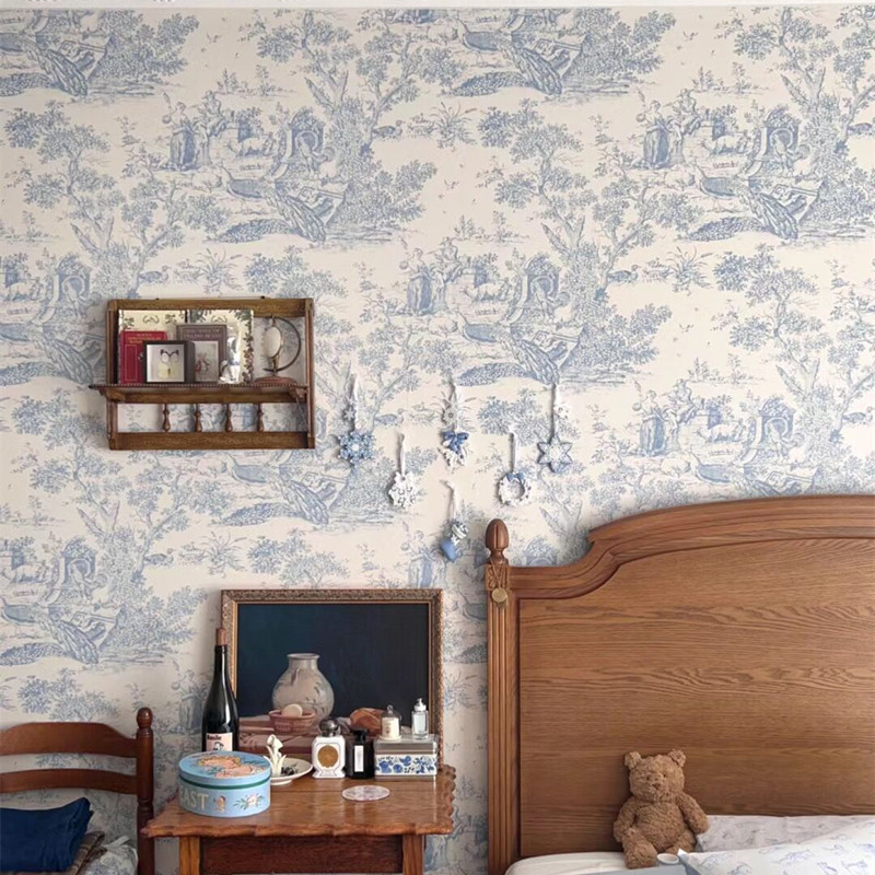 法式乡村复古壁纸画迪奥Dior朱因茹伊印花纹蓝色墙布背景墙高级感