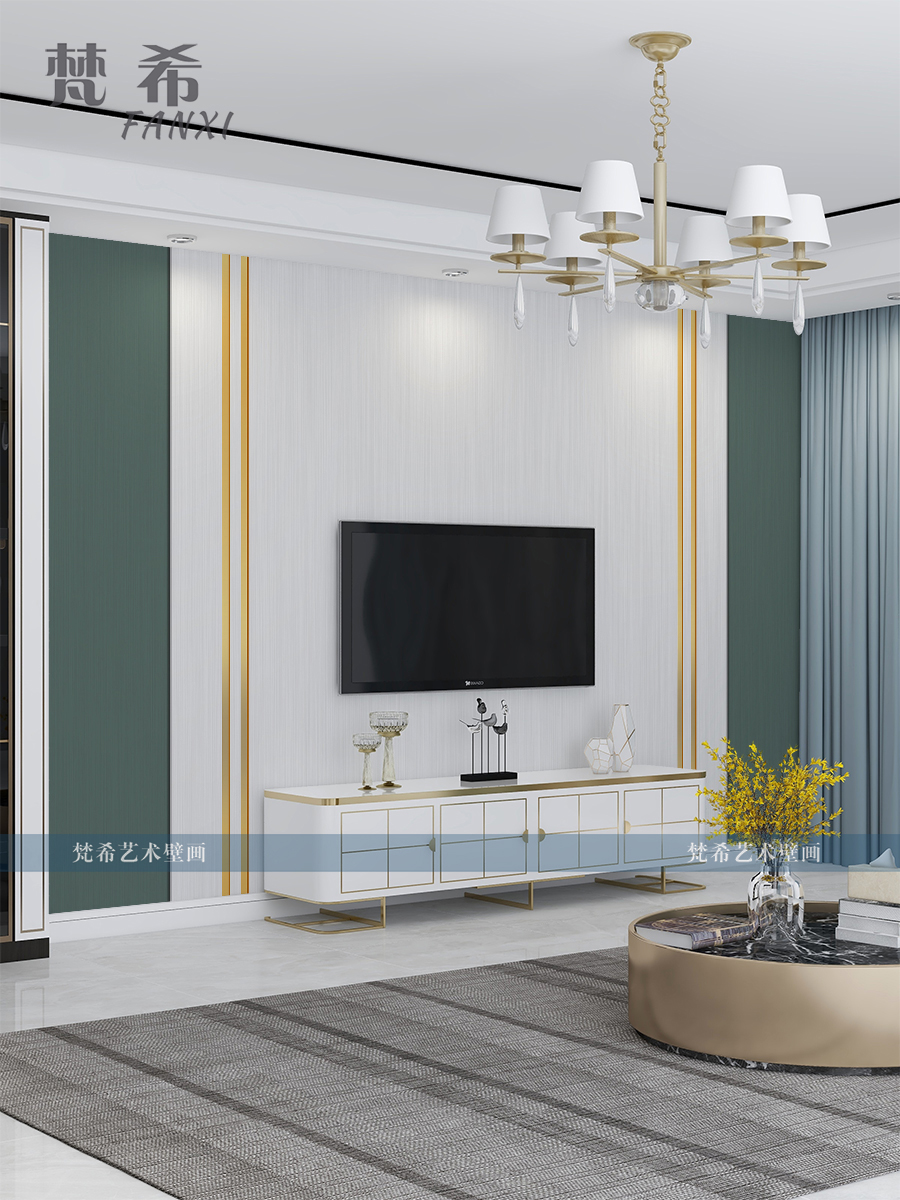 电视背景墙壁纸仿软包金属线条简约现代客厅孔雀绿墙布3D大气壁画