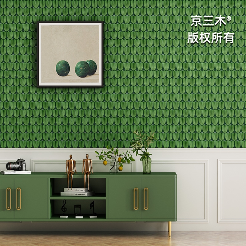 京三木 墨绿色孔雀绿无缝墙布 橙色孔雀羽毛卧室沙发背景墙壁画