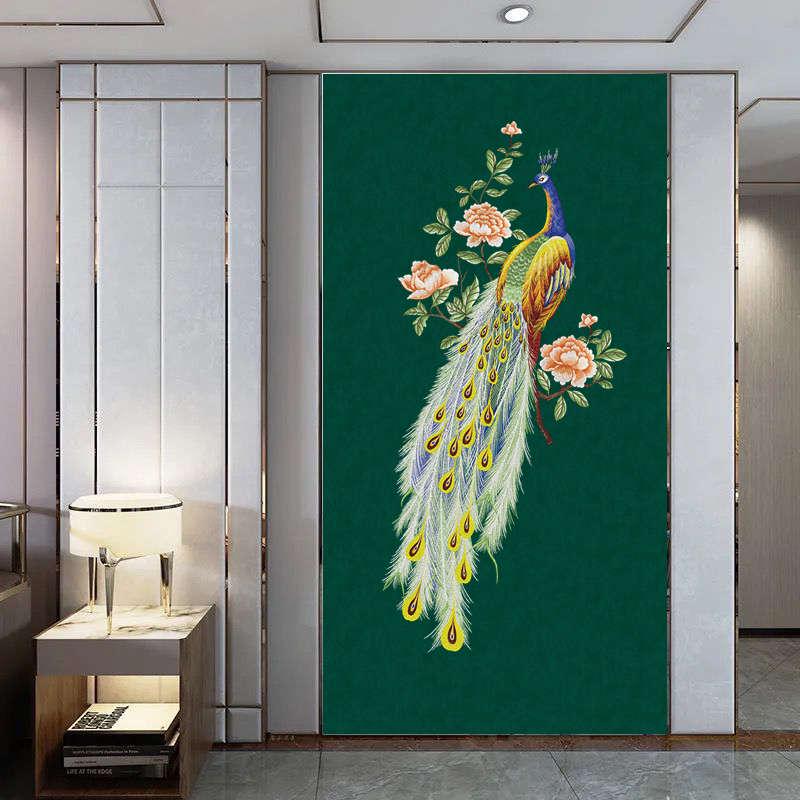 玄关孔雀新款独绣壁布独秀刺绣家用现代墨绿色走廊门厅卧室客厅