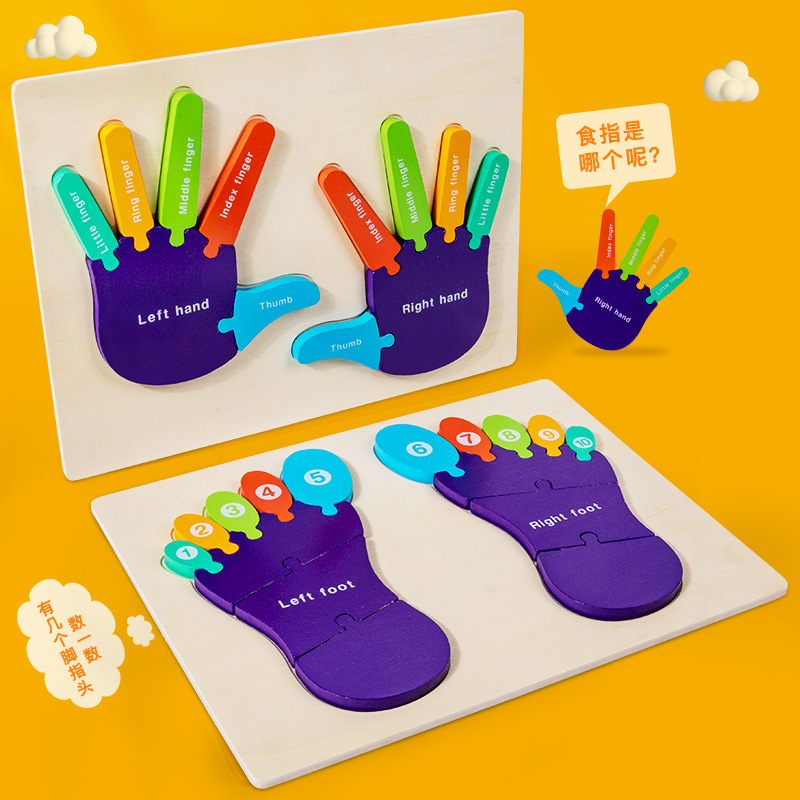 儿童身体部位认知手掌脚掌木制拼图配对嵌板英文启蒙数学早教玩具
