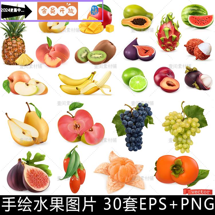 SG20手绘水果香蕉苹果菠萝西瓜芒果葡萄草莓海报矢量素材图片PNG